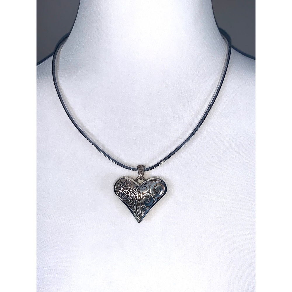 Silver Tone Puffed Scroll Heart Pendant Statement Necklace EUC